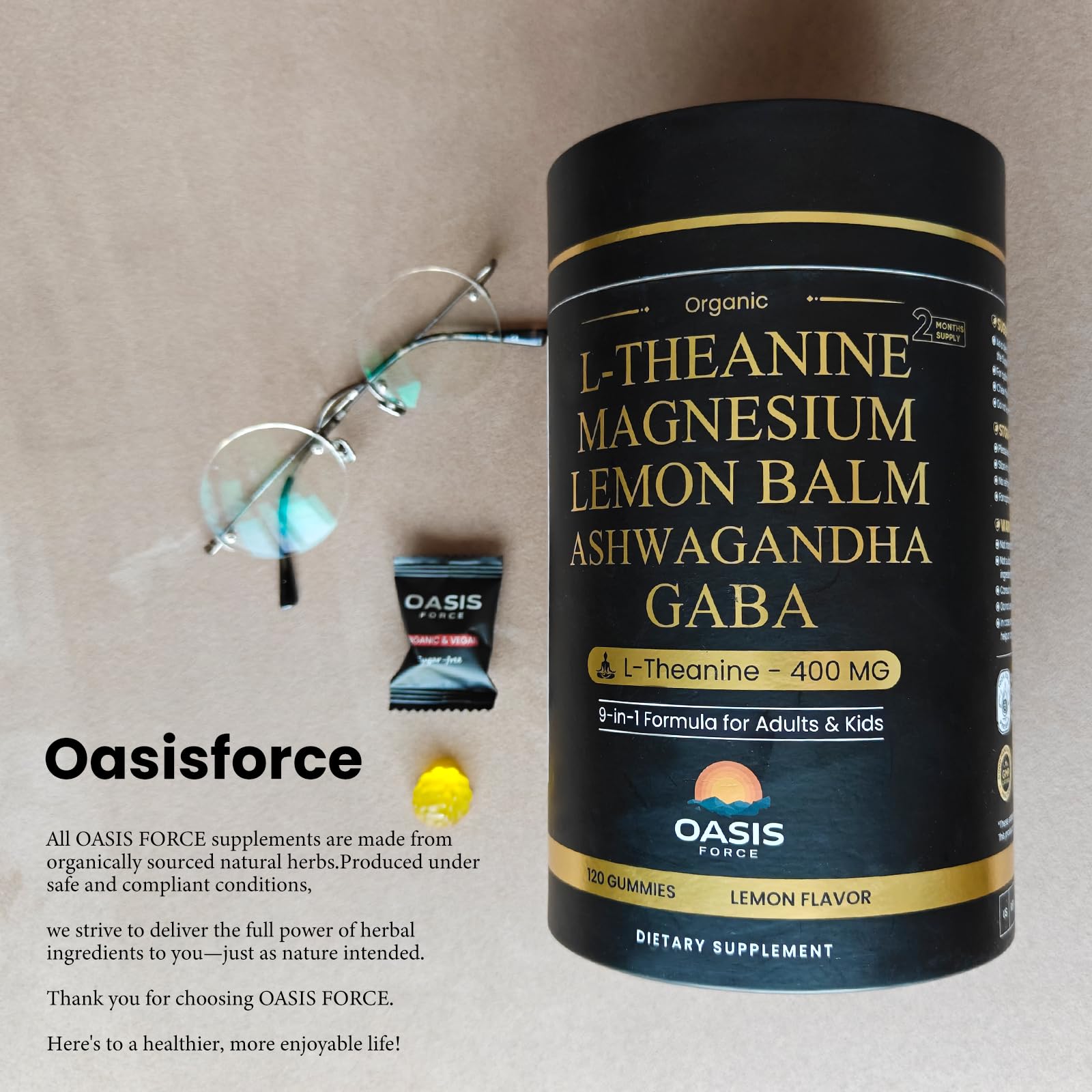 OASIS FORCE L-Theanine Gummies lemon bite—soft texture and easy digestion.