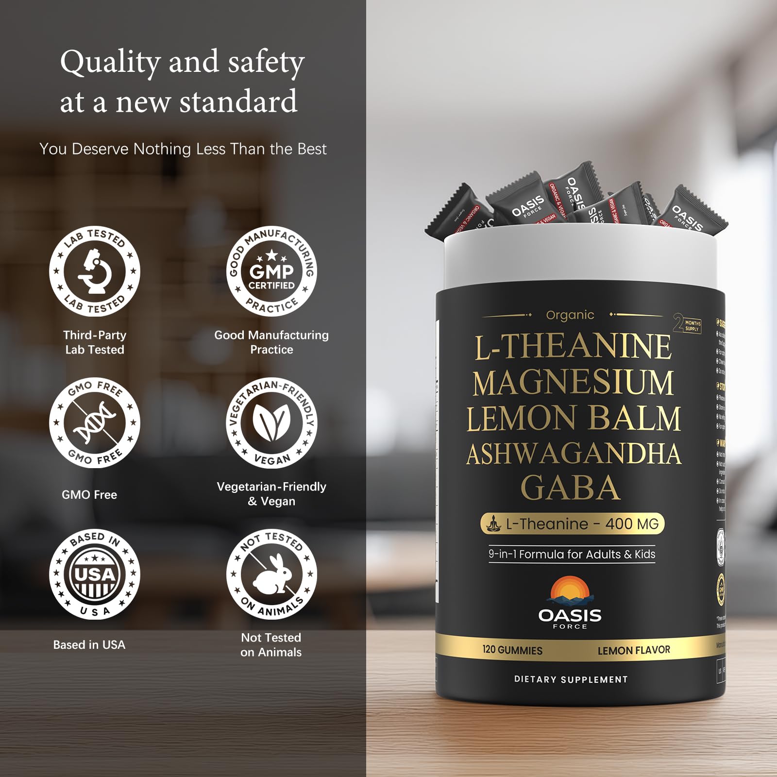 OASIS FORCE L-Theanine Gummies natural ingredients list—non-stimulant relaxation.