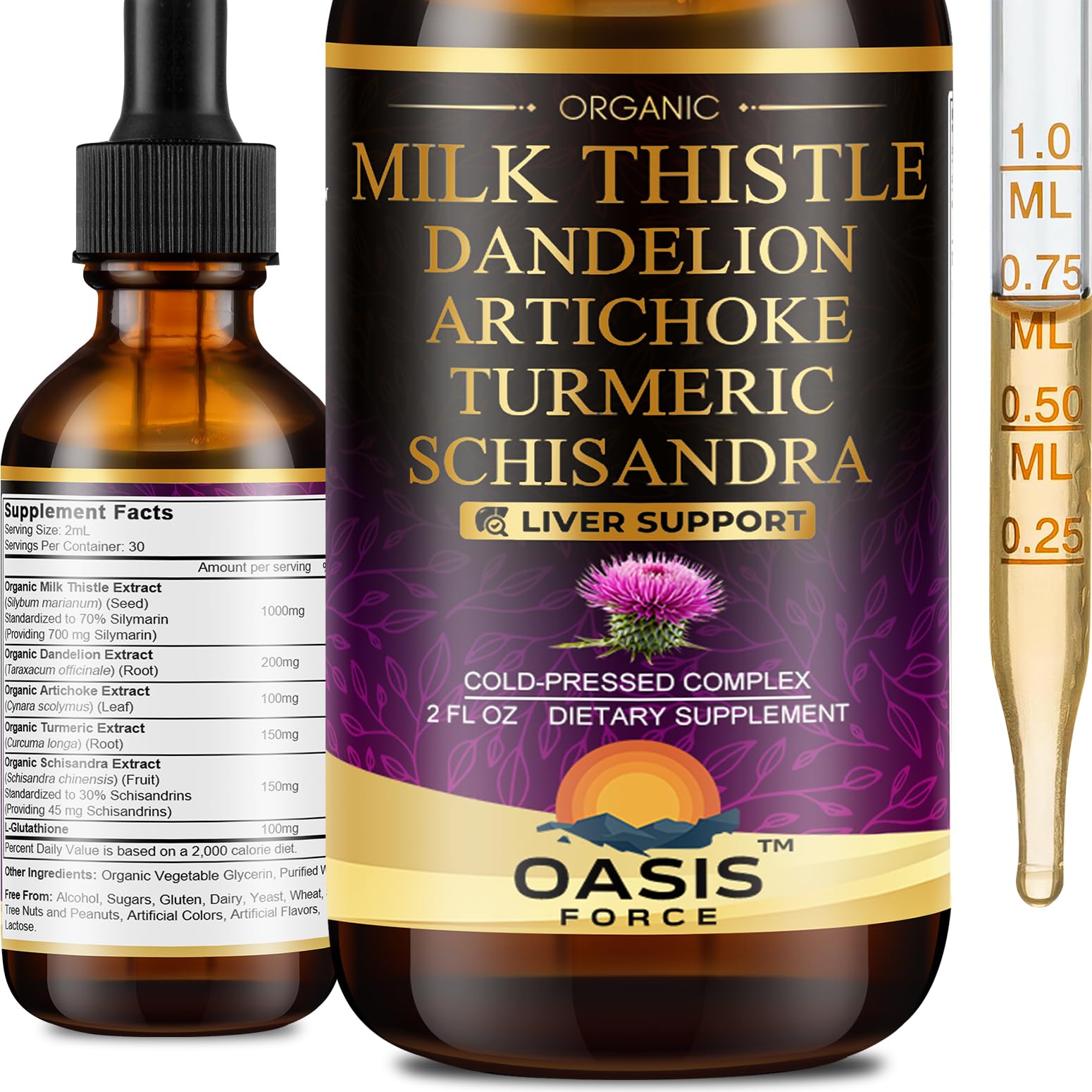 Oasis Force Milk Thistle liquid bottle showing premium liver support formula