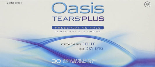 Oasis TEARS Plus lubricant eye drops bottle cap close-up, highlighting easy twist-off design.