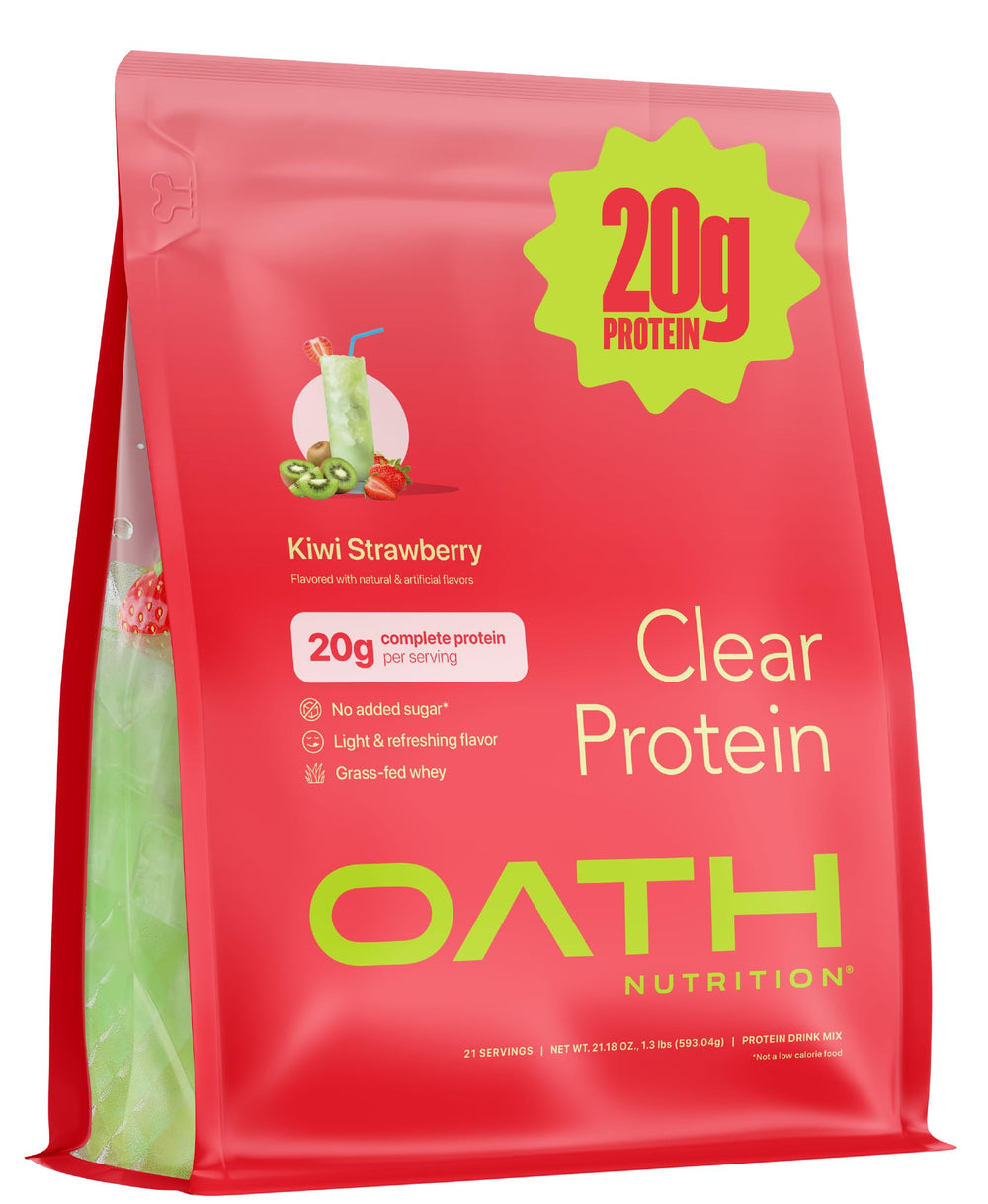 Oath Nutrition Clear Whey Isolate Kiwi Strawberry bottle, refreshing post-workout drink.