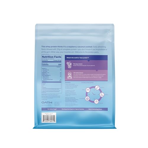 Oath Nutrition Clear Whey bag front shows 18 servings of grass-fed protein.