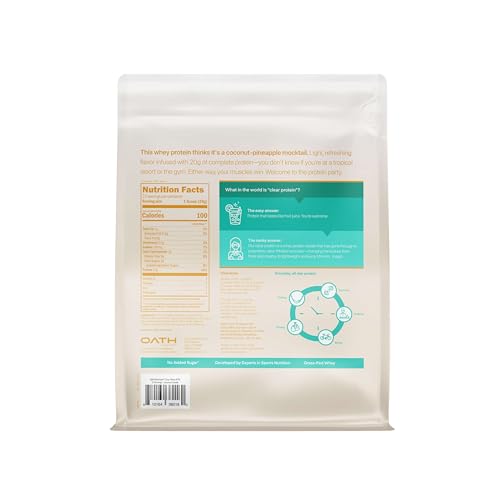 Oath Clear Whey Coconut Colada shake in glass highlights light fruity flavor