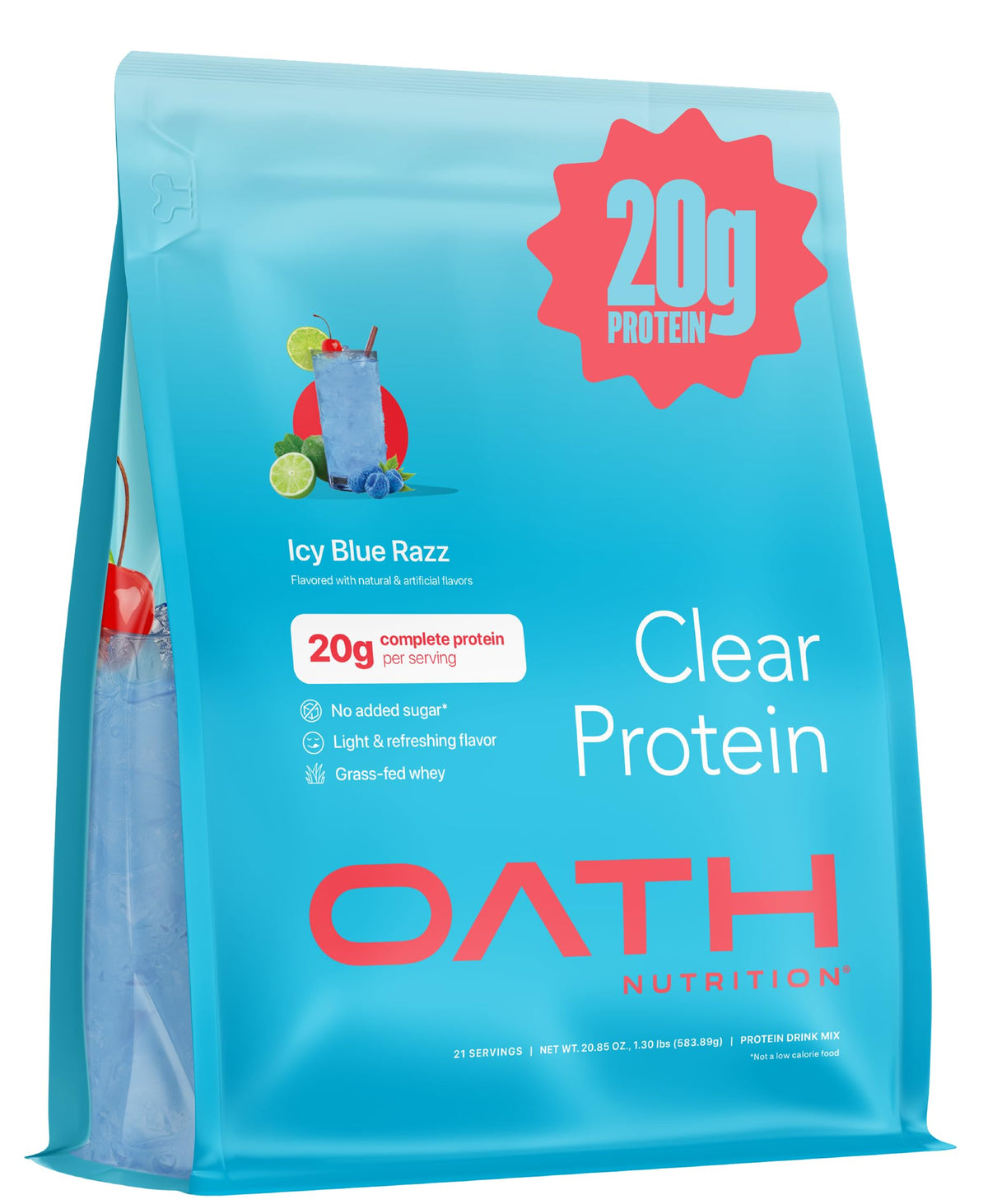 Oath Nutrition Clear Whey icy blue razz shaker for a refreshing workout drink.