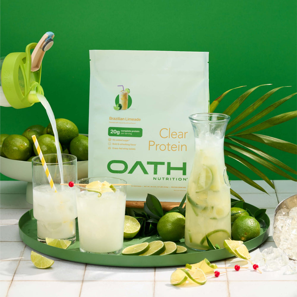 Oath Clear Whey Isolate Brazilian Limeade shows 18 servings per bag.