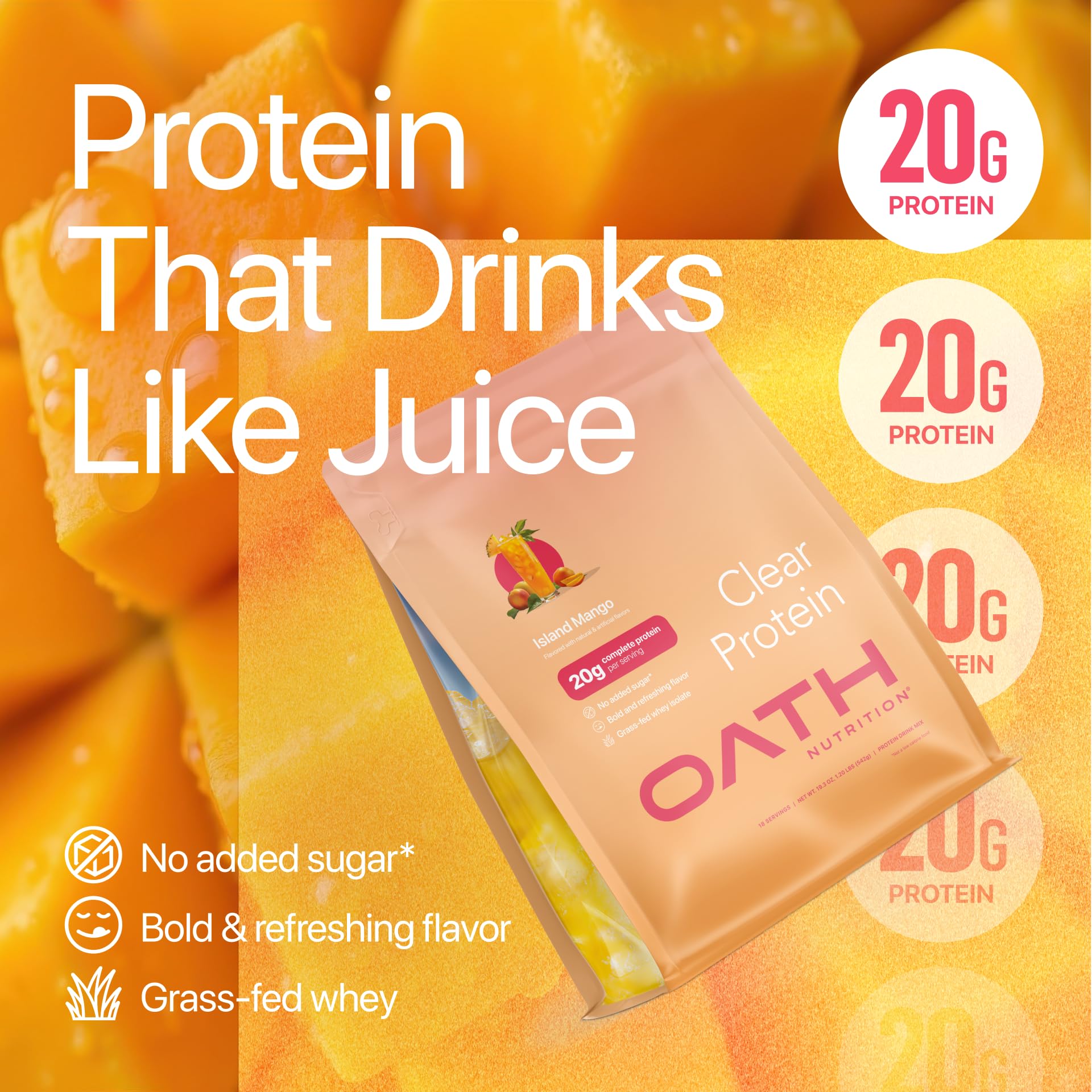 Oath Clear Whey 18 servings container emphasizes consistent protein supply.