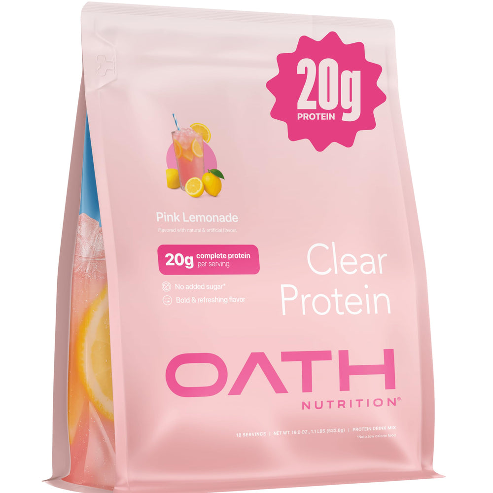 Oath Nutrition Clear Whey Pink Lemonade bottle for refreshing post-workout hydration.