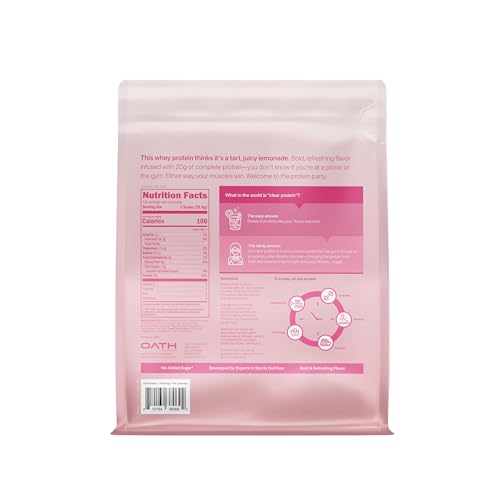 Pouring Oath Clear Whey Pink Lemonade into a glass for a quick protein sip.