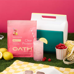 Oath Nutrition Clear Whey Raspberry Lemonade sorbet idea emphasizing versatile flavor uses.