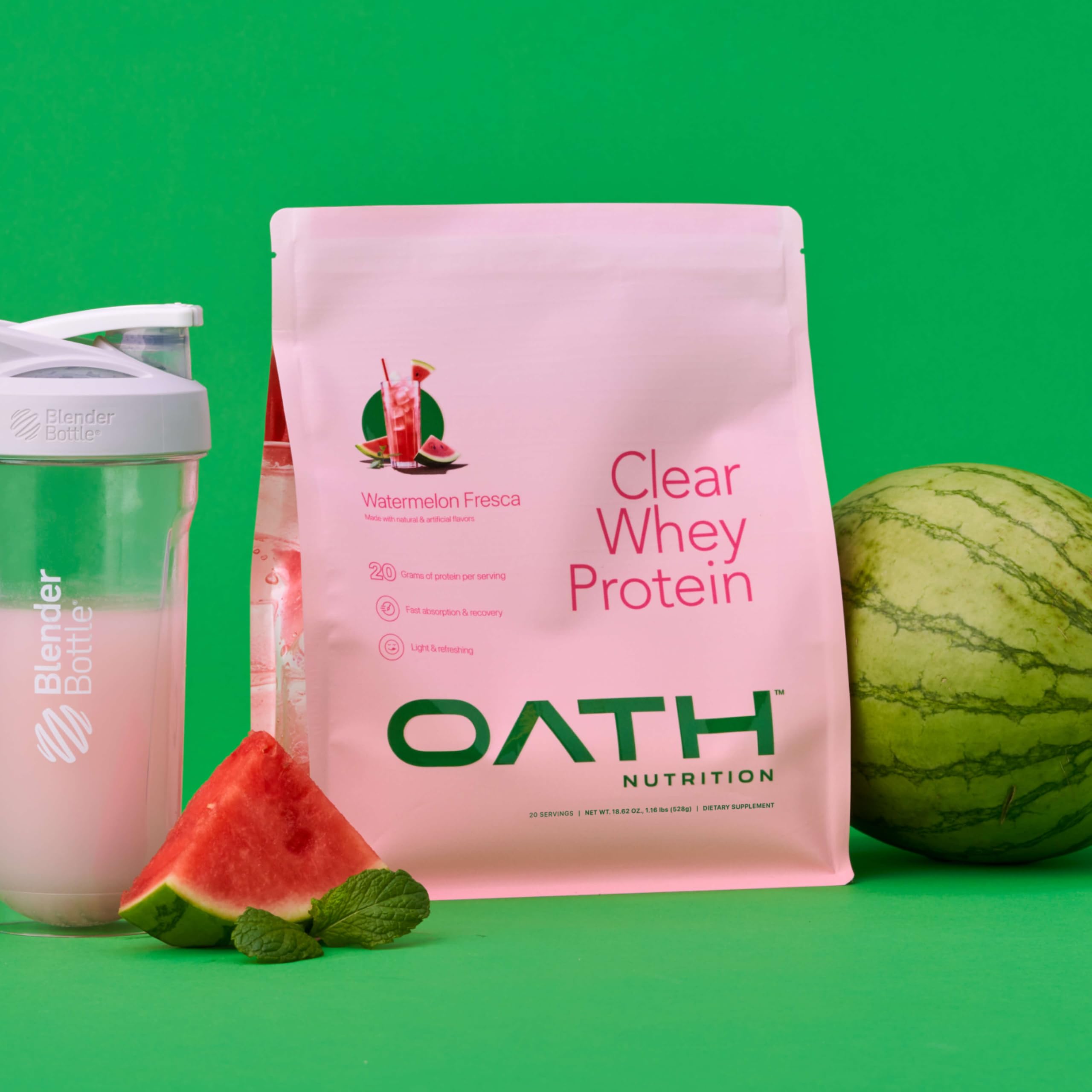 Oath Nutrition Clear Whey ingredients panel showing grass-fed protein and no added sugar.