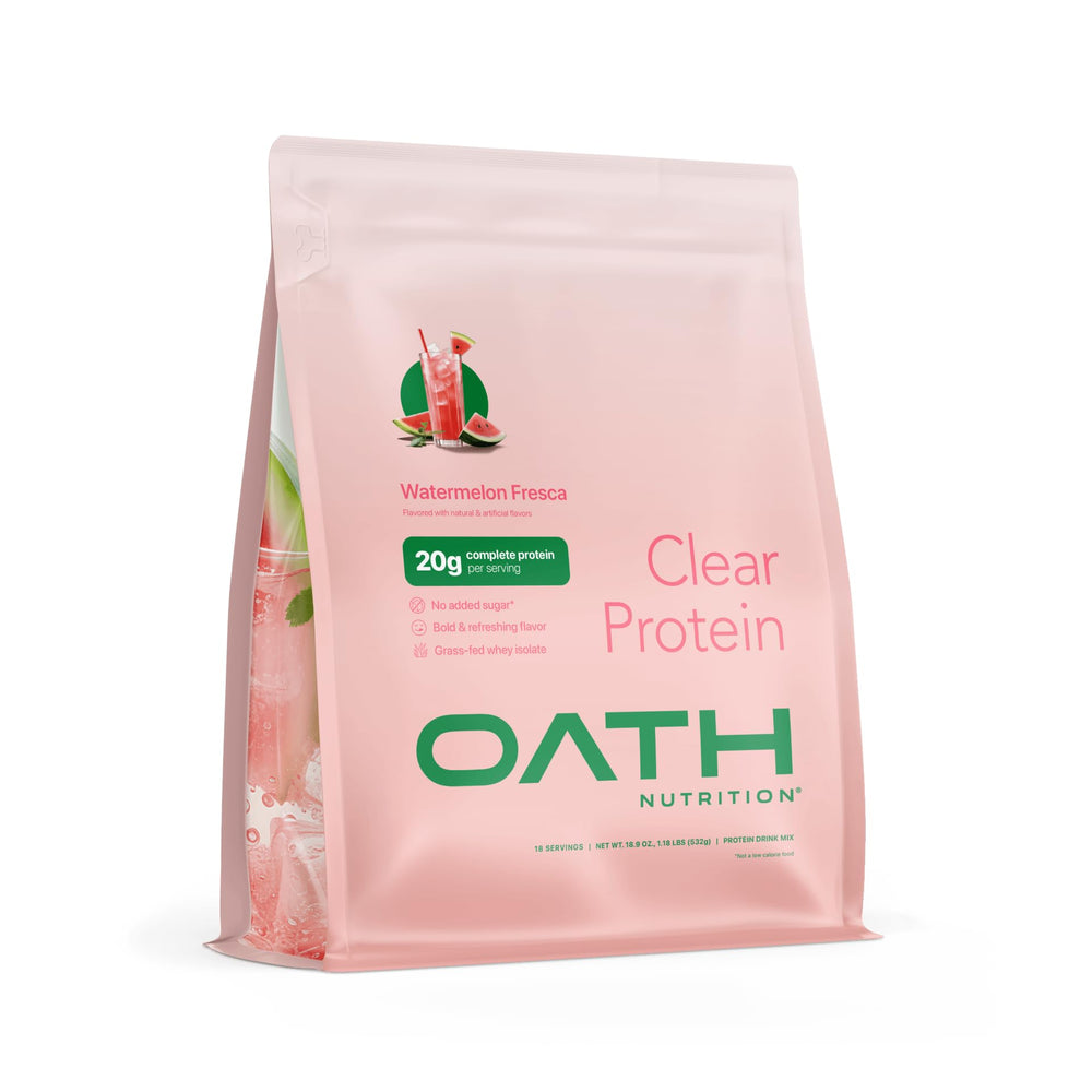 Oath Nutrition Clear Whey Watermelon Fresca being poured for a refreshing workout sip.
