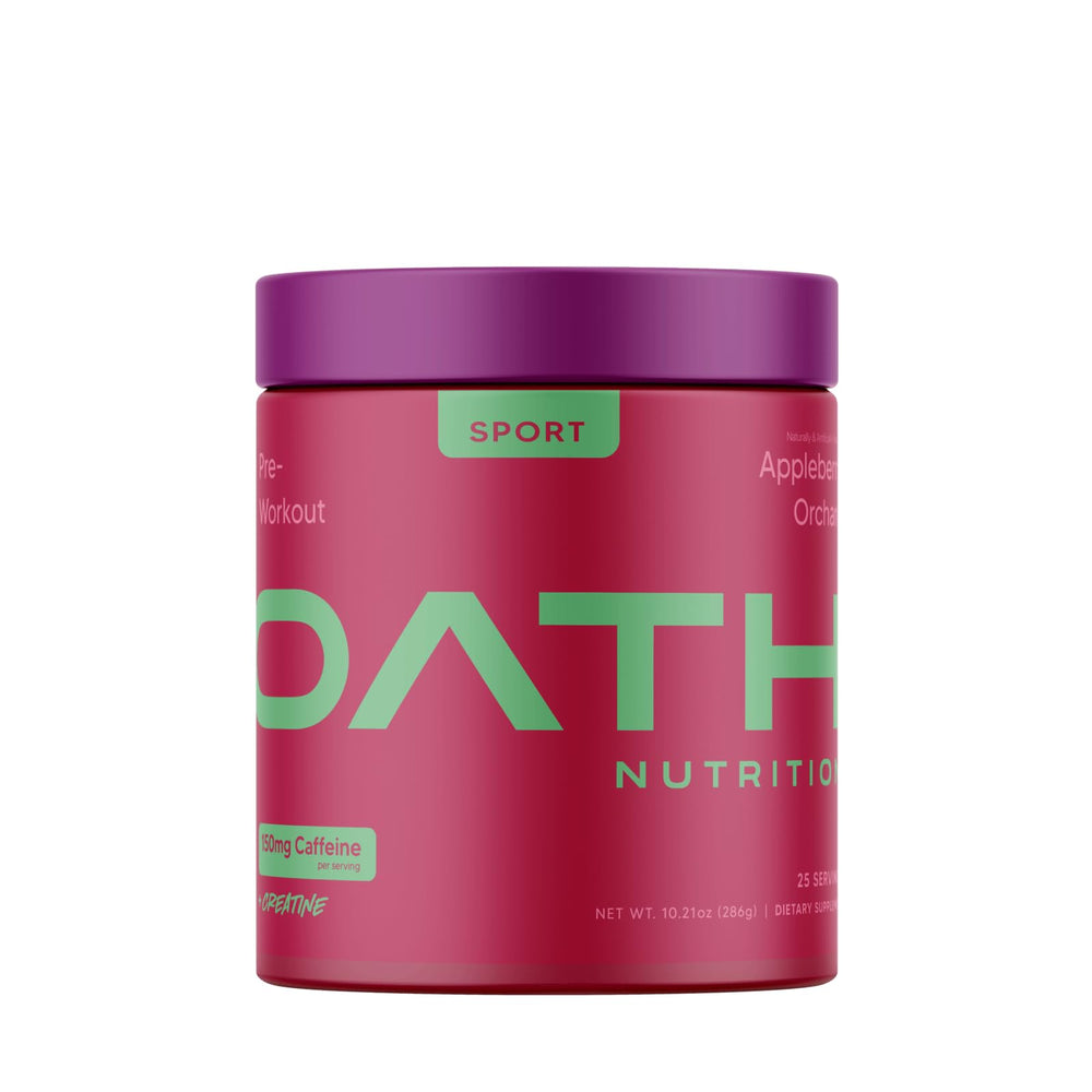 Oath Nutrition Sport Sugar Free Pre-Workout Appleberry Orchard tub boosts focus during workouts.