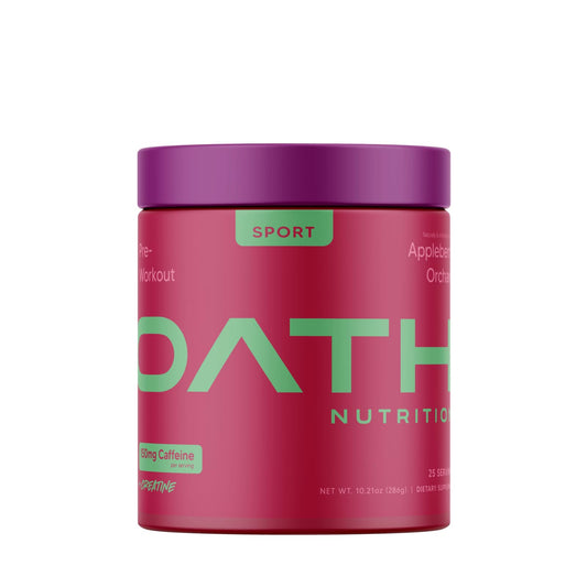 Oath Nutrition Sport Sugar Free Pre-Workout Appleberry Orchard tub boosts focus during workouts.