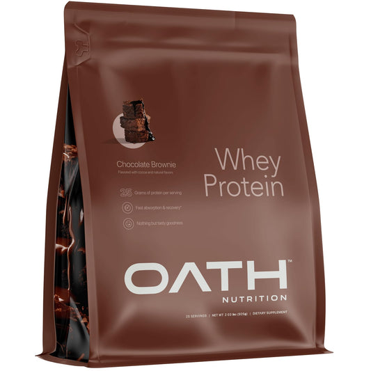 Oath Nutrition Whey Protein Chocolate Brownie tub for post-workout recovery and muscle support.