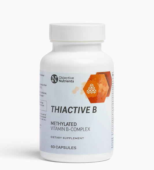 Objective Nutrients ThiActive B Complex bottle pour for steady daily energy support.
