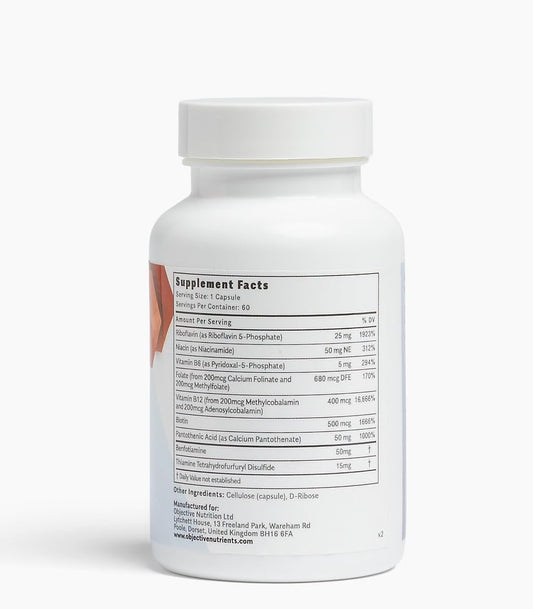 Objective Nutrients ThiActive B Complex capsules closeup highlighting premium purity and bioavailability.