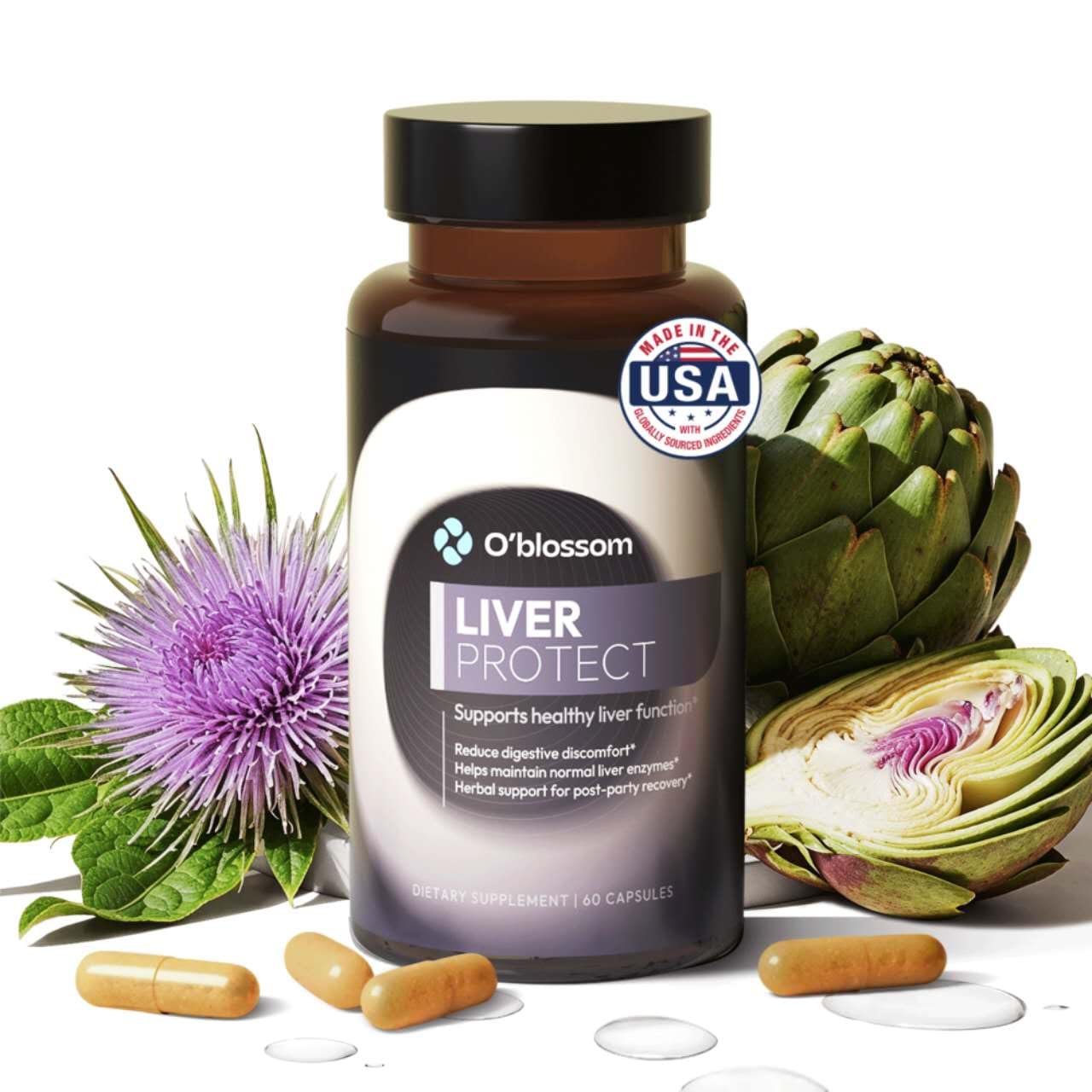 O'blossom Liver Protect bottle with drops for on-the-go digestive comfort.