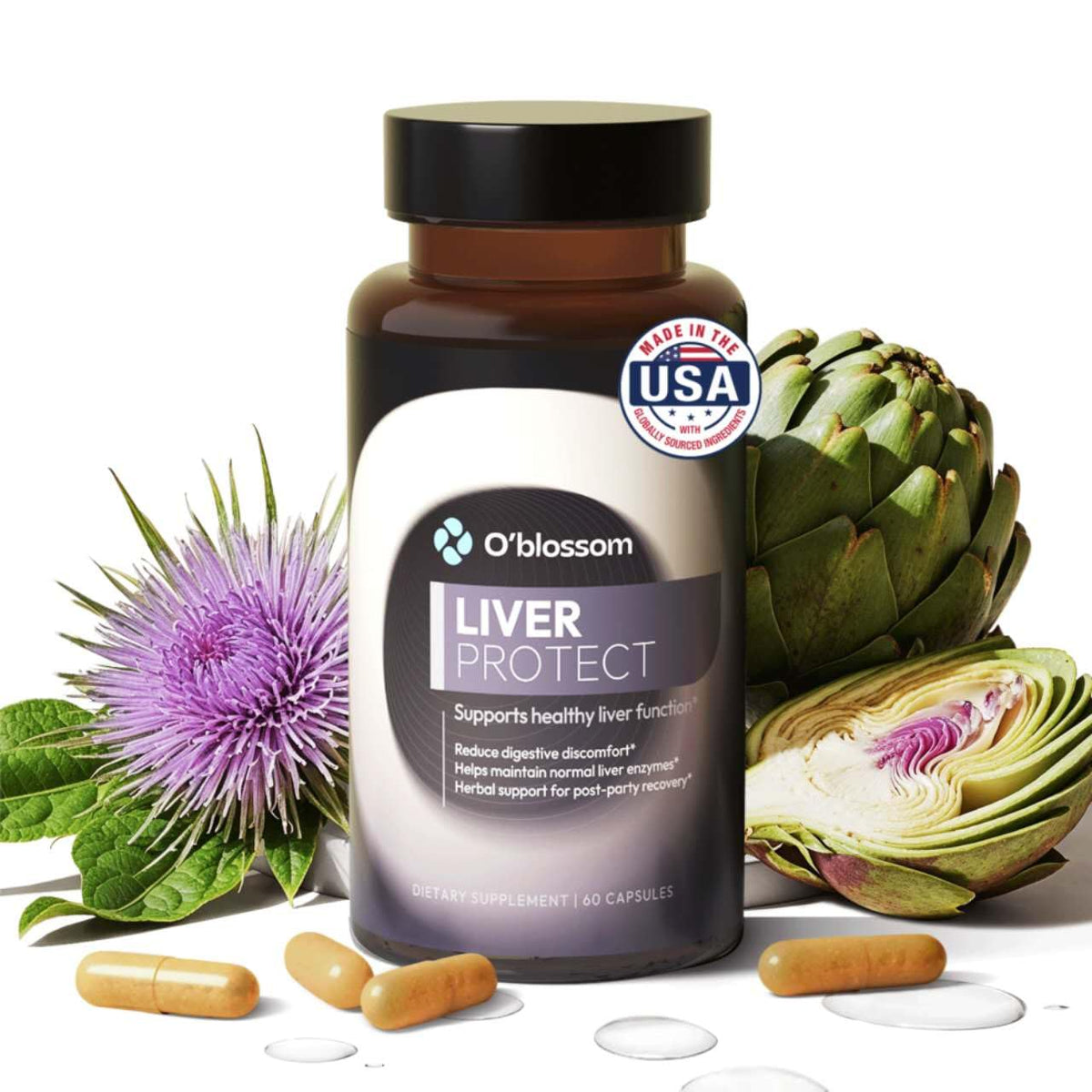 O'blossom Liver Protect bottle with drops for on-the-go digestive comfort.