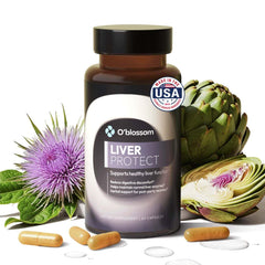 O'blossom Liver Protect bottle with drops for on-the-go digestive comfort.