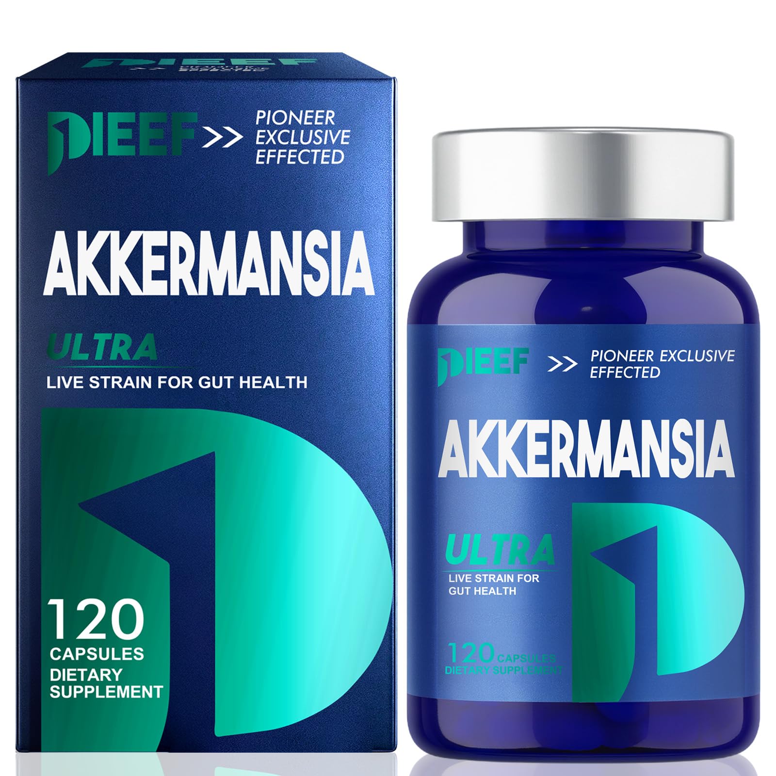 Obnobm Akkermansia capsules bottle close-up highlighting gut health support and immune defense.