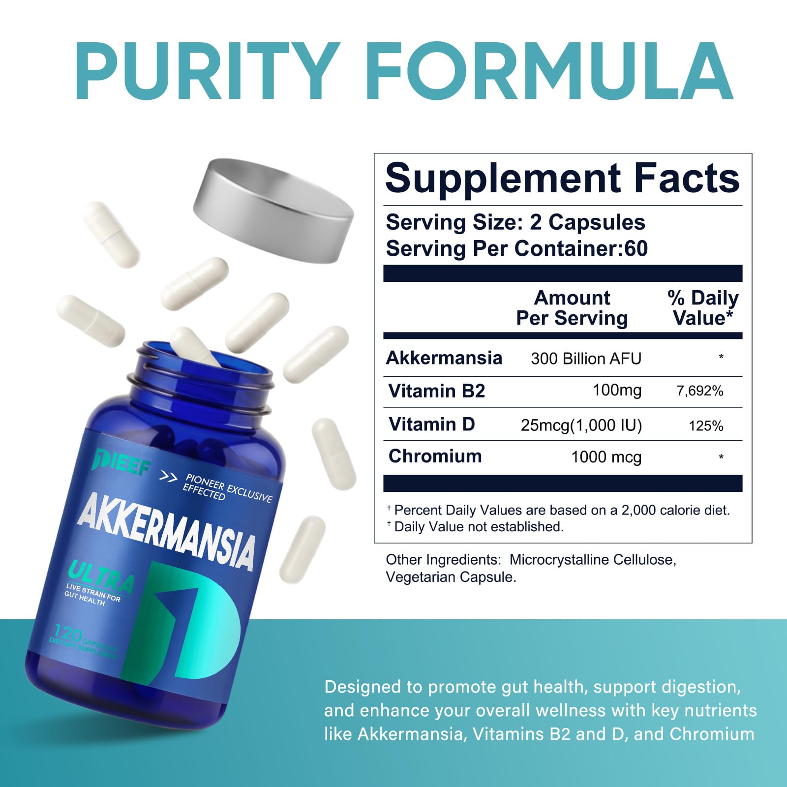 Obnobm Akkermansia capsules packaging spotlight emphasizing vegan, shelf-stable probiotic benefits.