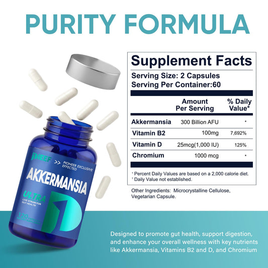 Obnobm Akkermansia capsules packaging spotlight emphasizing vegan, shelf-stable probiotic benefits.