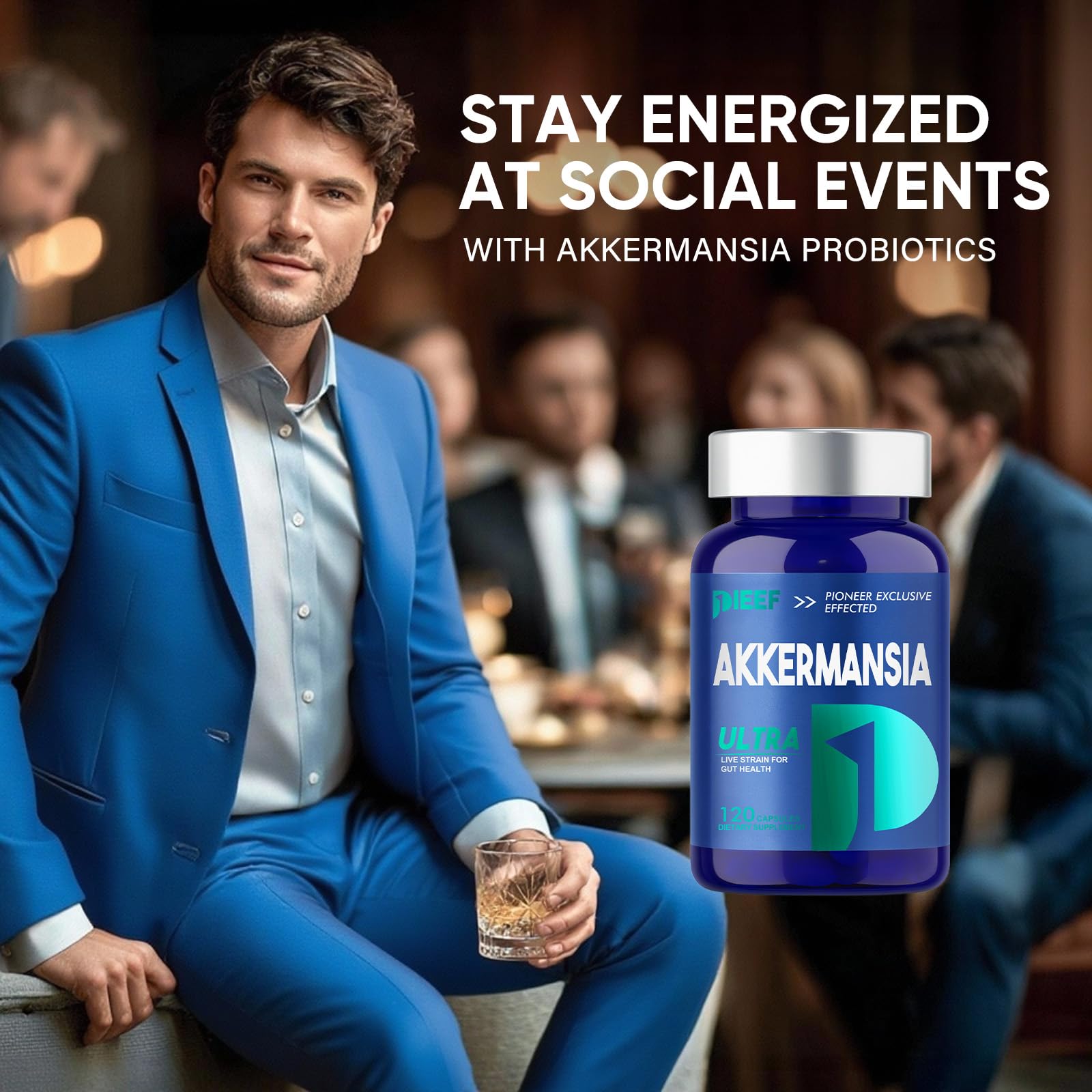 Obnobm Akkermansia capsules pouring into glass for daily GLP-1 and digestion support.