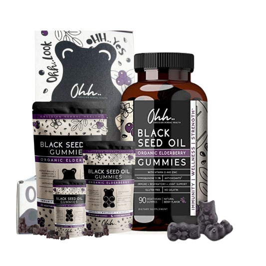 Obsidian Herbal Health bottle close-up showing vegan black seed gummies.