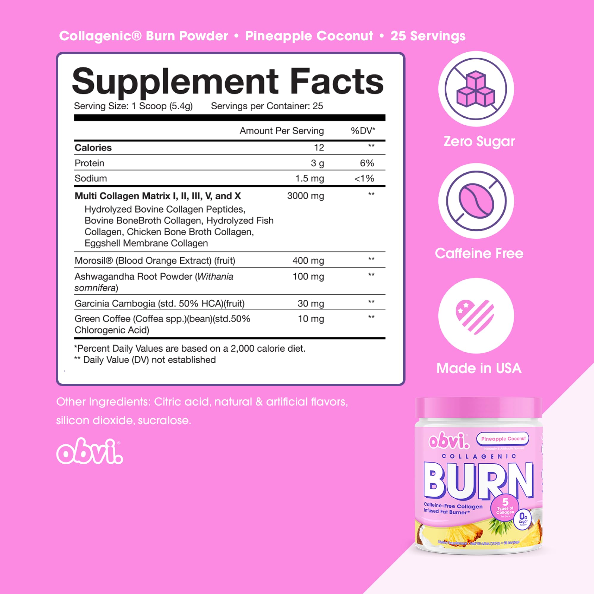 Obvi Collagenic Burn powder scoop for convenient daily serving and mixing