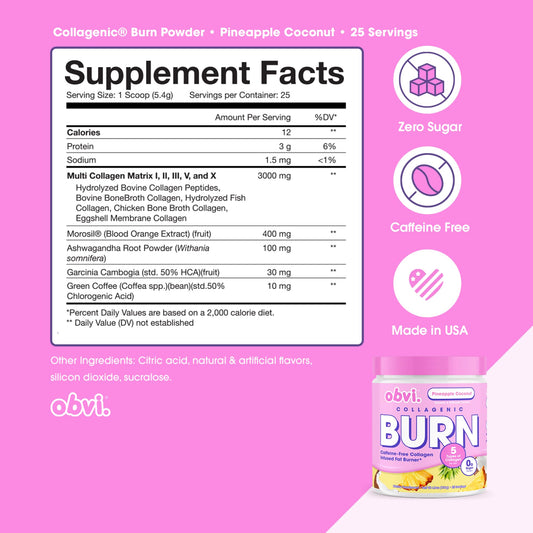 Obvi Collagenic Burn powder scoop for convenient daily serving and mixing