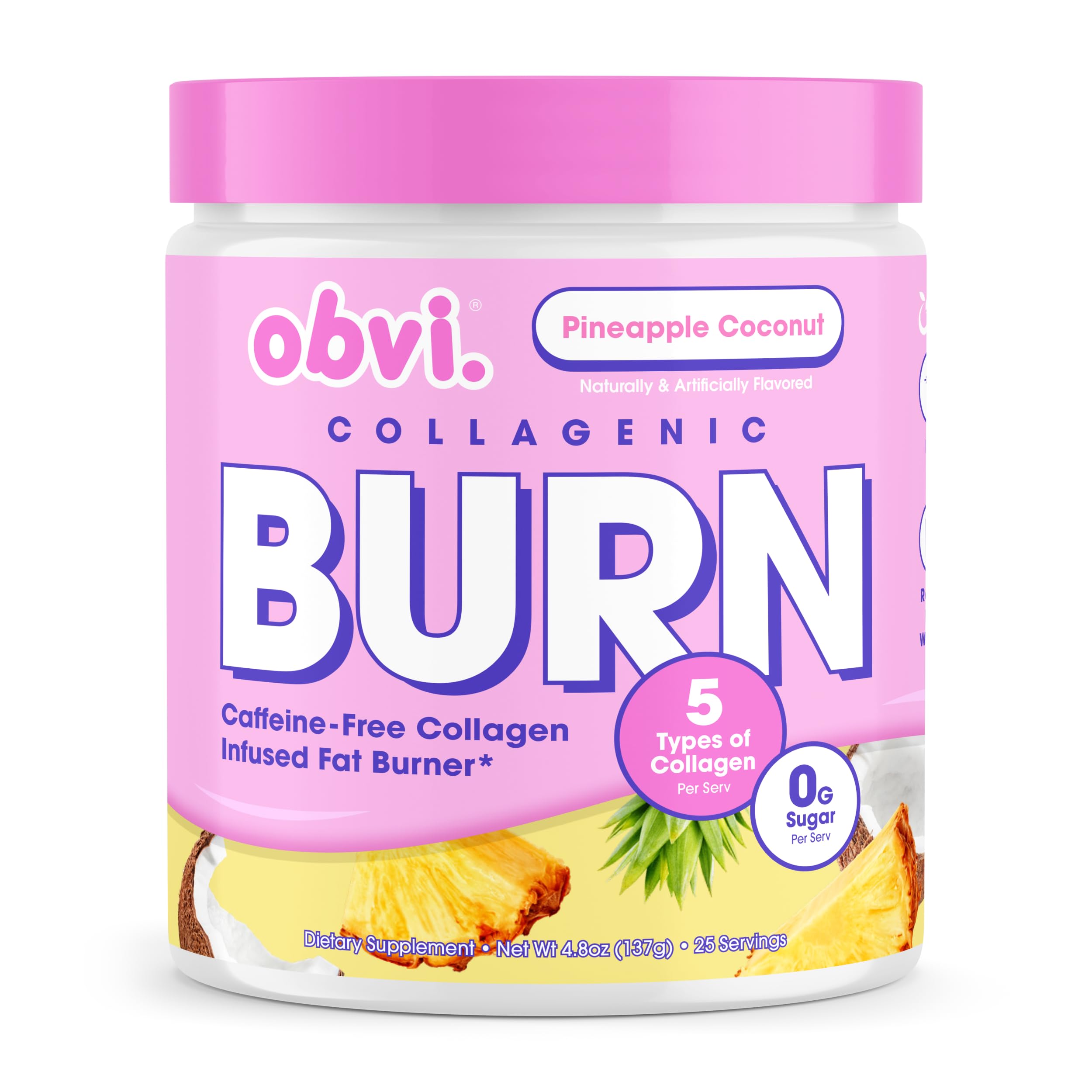 Obvi Collagenic Burn powder tub label with five collagen types for skin and joints