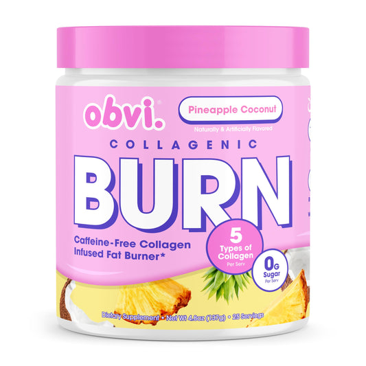 Obvi Collagenic Burn powder tub label with five collagen types for skin and joints