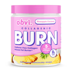 Obvi Collagenic Burn powder tub label with five collagen types for skin and joints