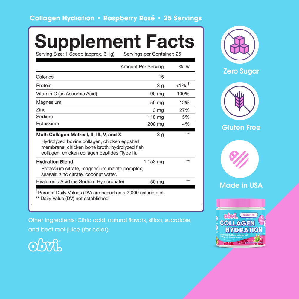 Obvi Hydration Powder canister shows electrolyte blend and collagen complex for balanced support.