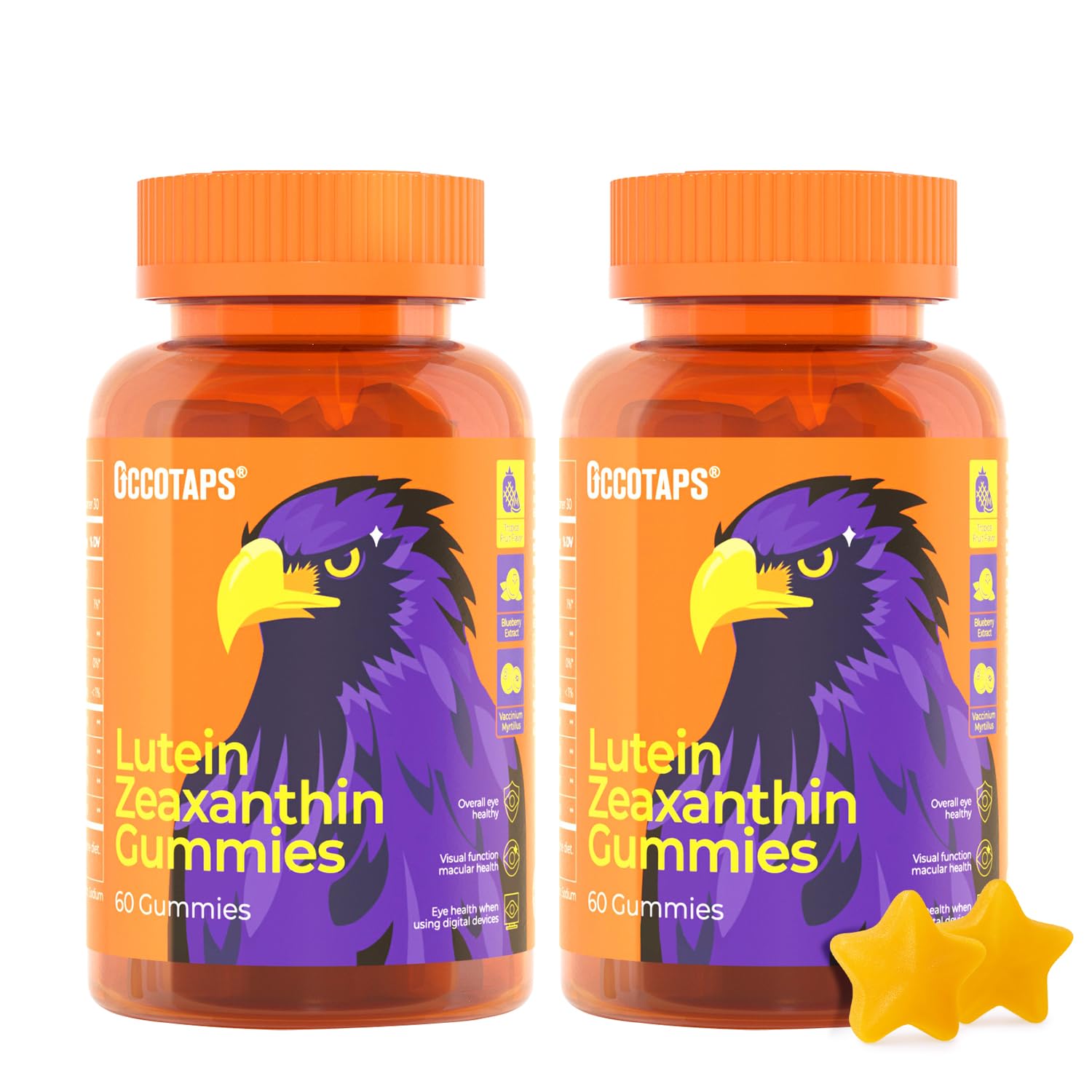 Occotaps bottle of star-shaped gummies for daily eye support.