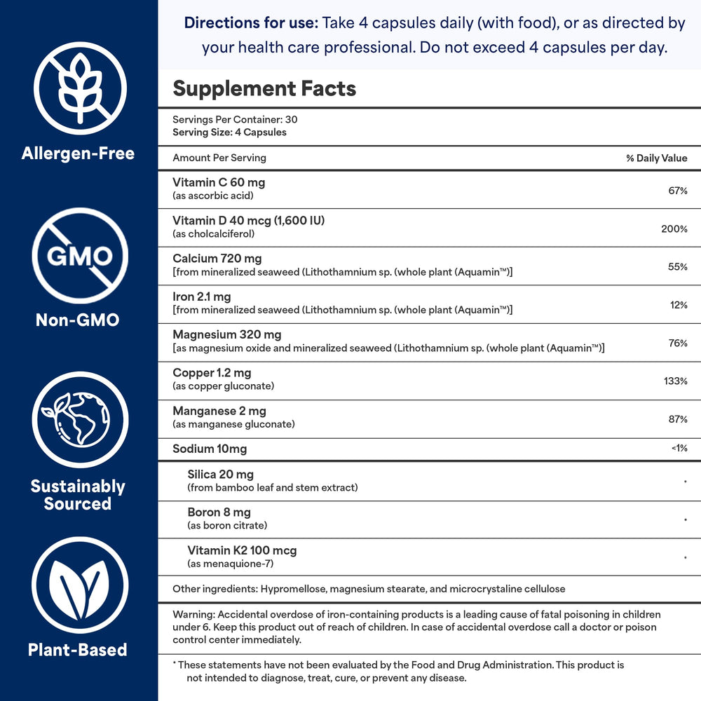 OCEAN ESSENCE bottle back label highlights D3, K2, and other nutrients