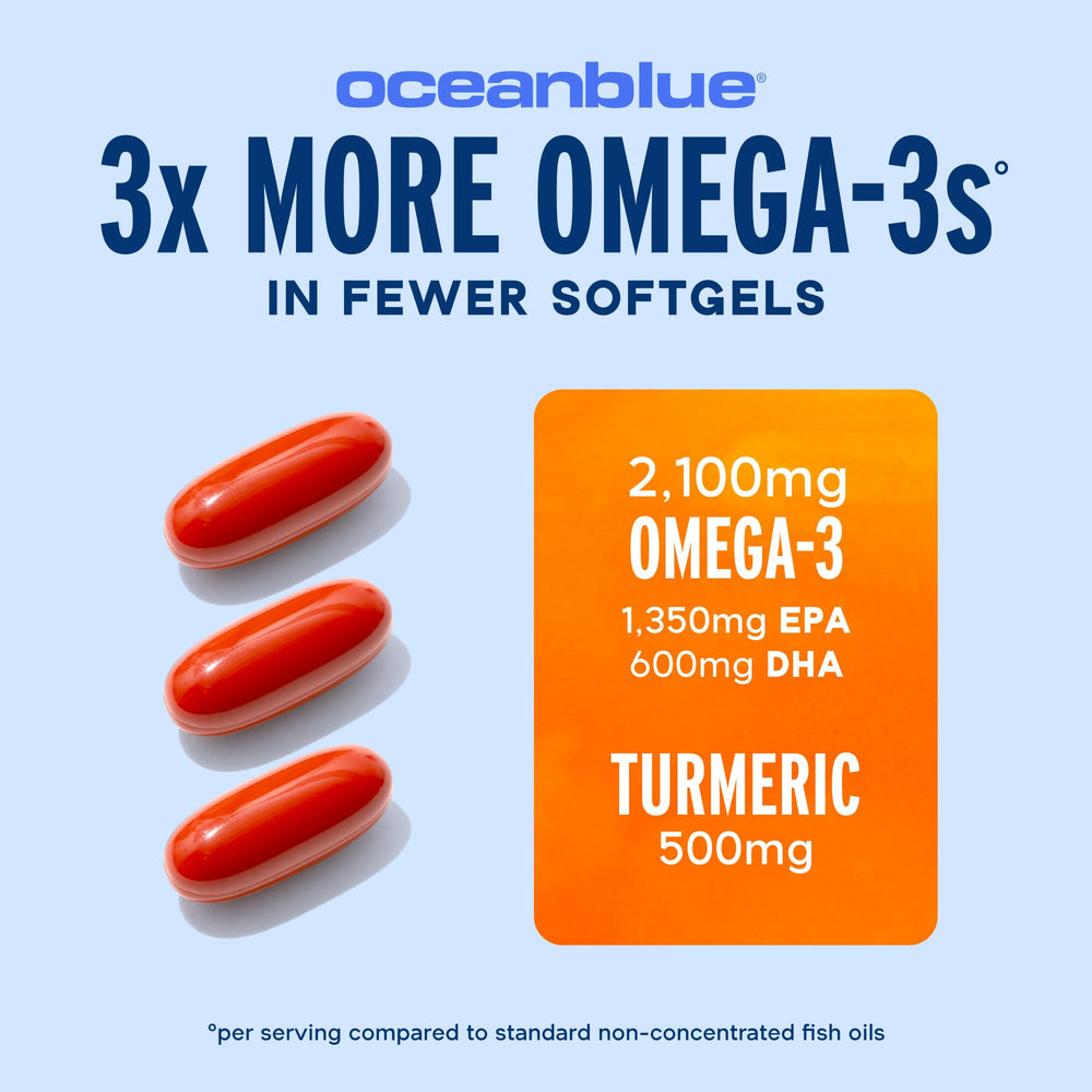 Oceanblue 2100 triple-strength omega-3 capsules show high EPA and DHA.