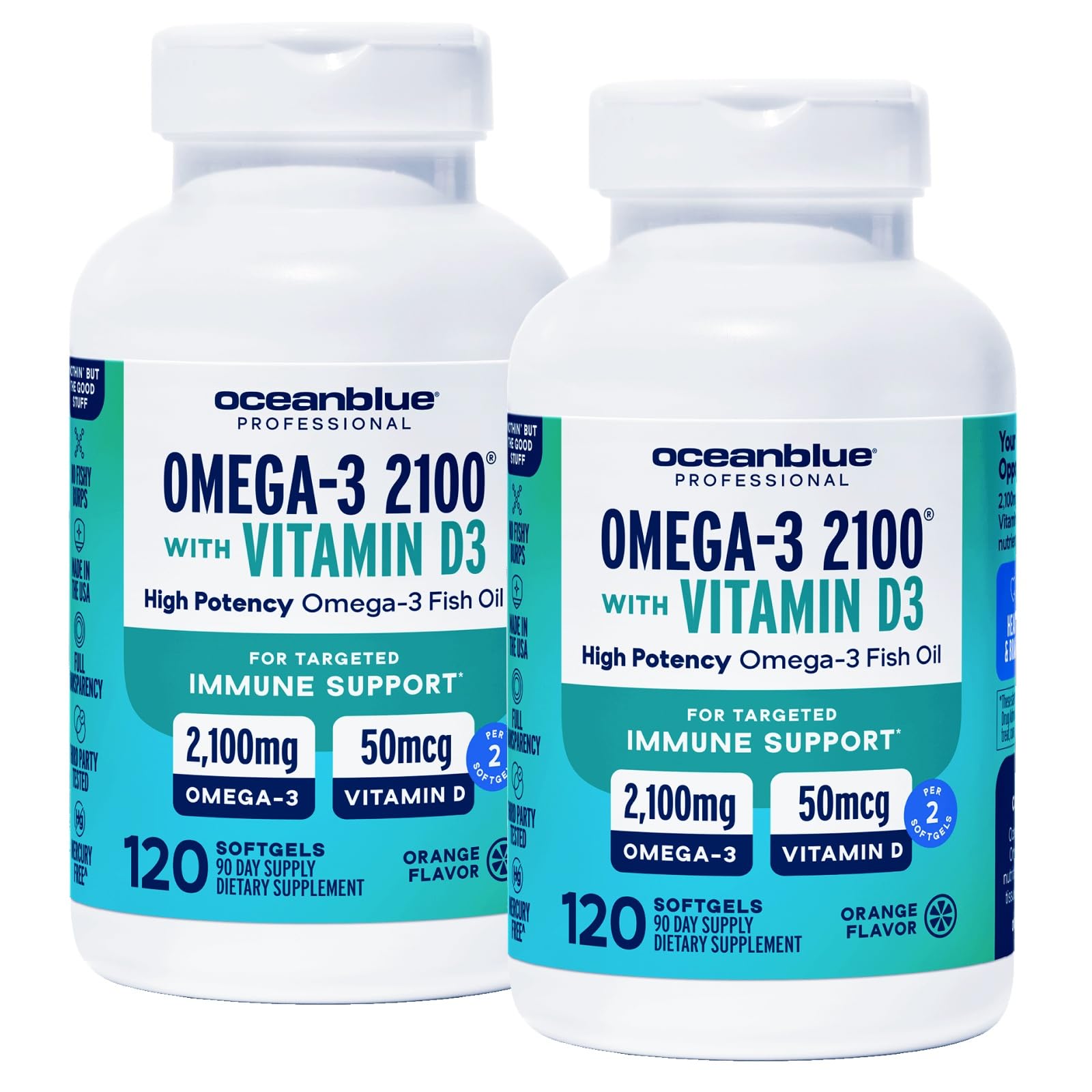 OceanBlue Omega-3 2100 bottle front view showing the 2-pack option for daily use.