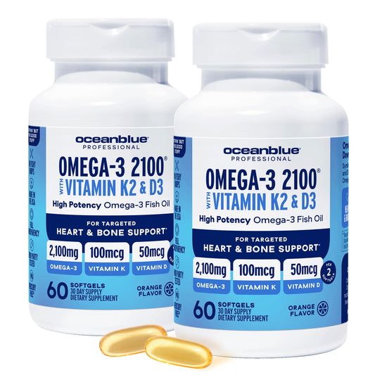 Oceanblue Omega-3 bottle with orange softgels for daily wellness