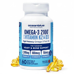 Oceanblue Omega-3 2100 bottle-front with orange flavor suggests daily heart health support