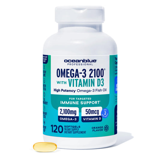 Oceanblue Omega-3 2100 bottle showing triple-strength formula for daily support