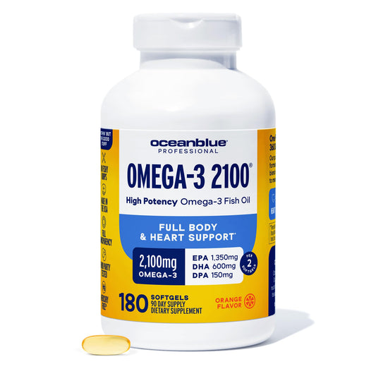 Oceanblue Omega-3 2100 front bottle showing triple-strength formula for daily use