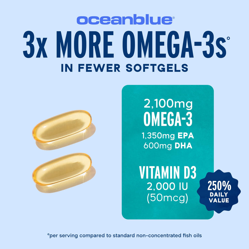 Oceanblue Omega-3 2100 orange flavor bottle close-up with pleasant taste