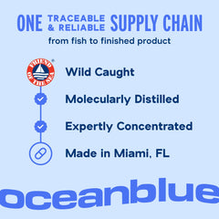Oceanblue Omega-3 2100 sustainability badge confirms wild-caught, Friend of the Sea