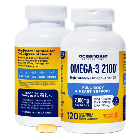 Oceanblue Omega-3 bottle front showcasing triple-strength formula.
