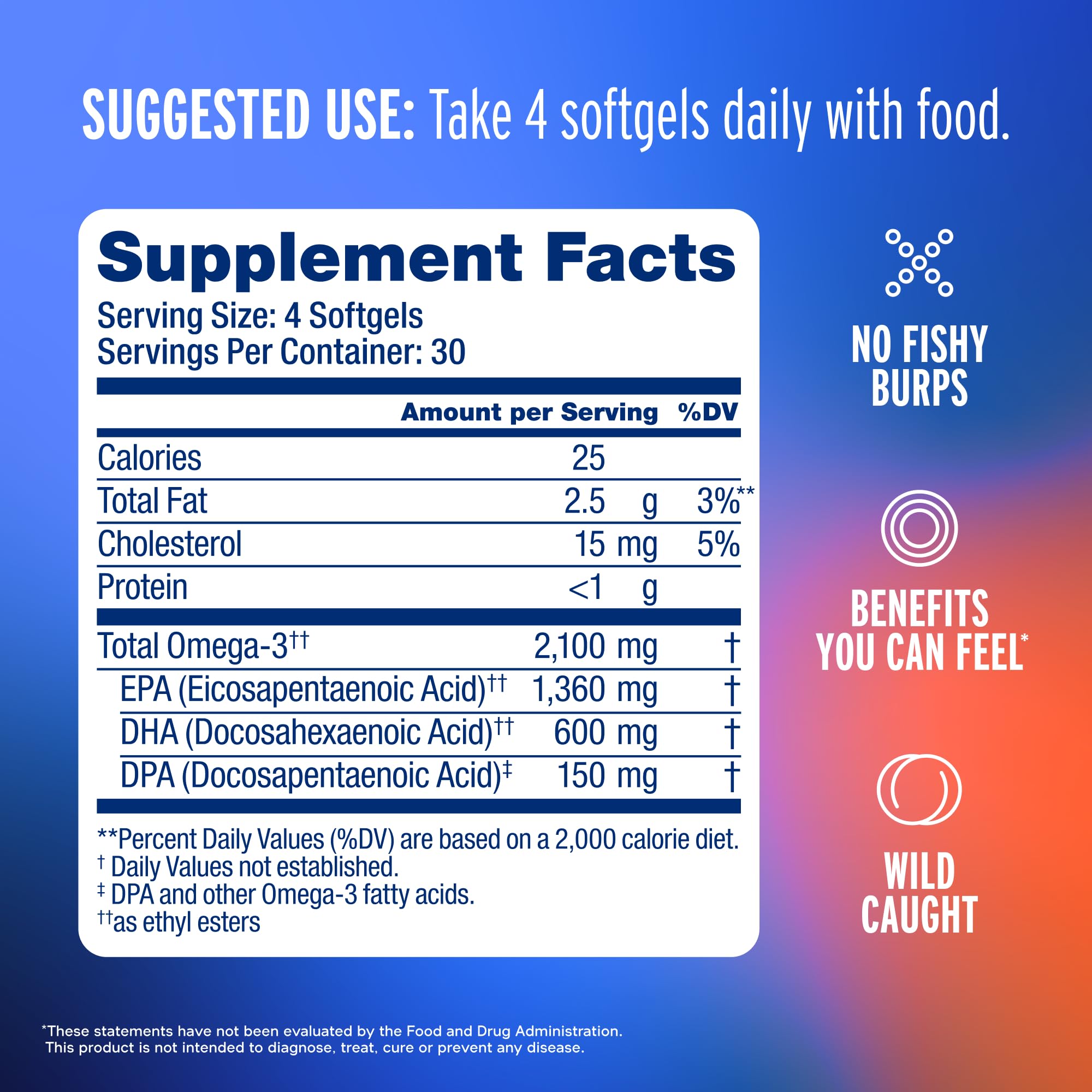 Oceanblue Omega-3 bottle label shows triple-strength and sustainable sourcing.