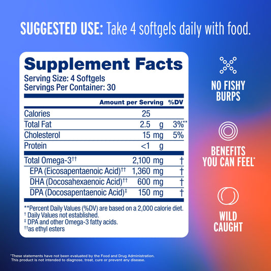 Oceanblue Omega-3 bottle label shows triple-strength and sustainable sourcing.
