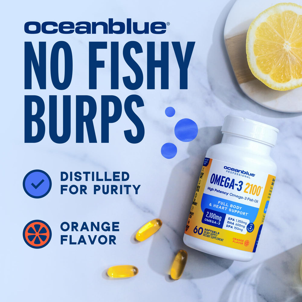 Oceanblue Omega-3 orange-flavor softgel ready to swallow.