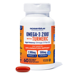 Oceanblue Omega-3 Turmeric softgels bottle emphasizes daily joint and heart support ready.