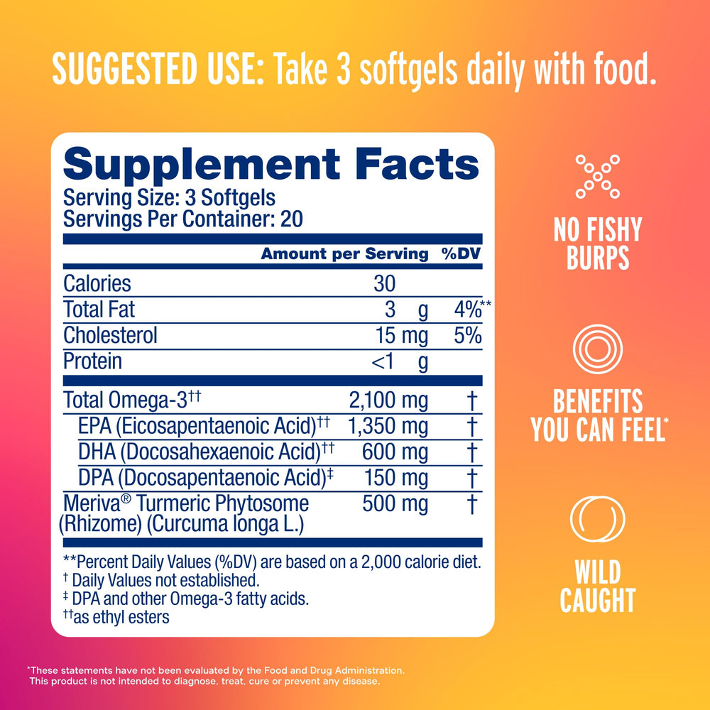 Oceanblue Omega-3 Turmeric softgels being poured for easy daily intake.